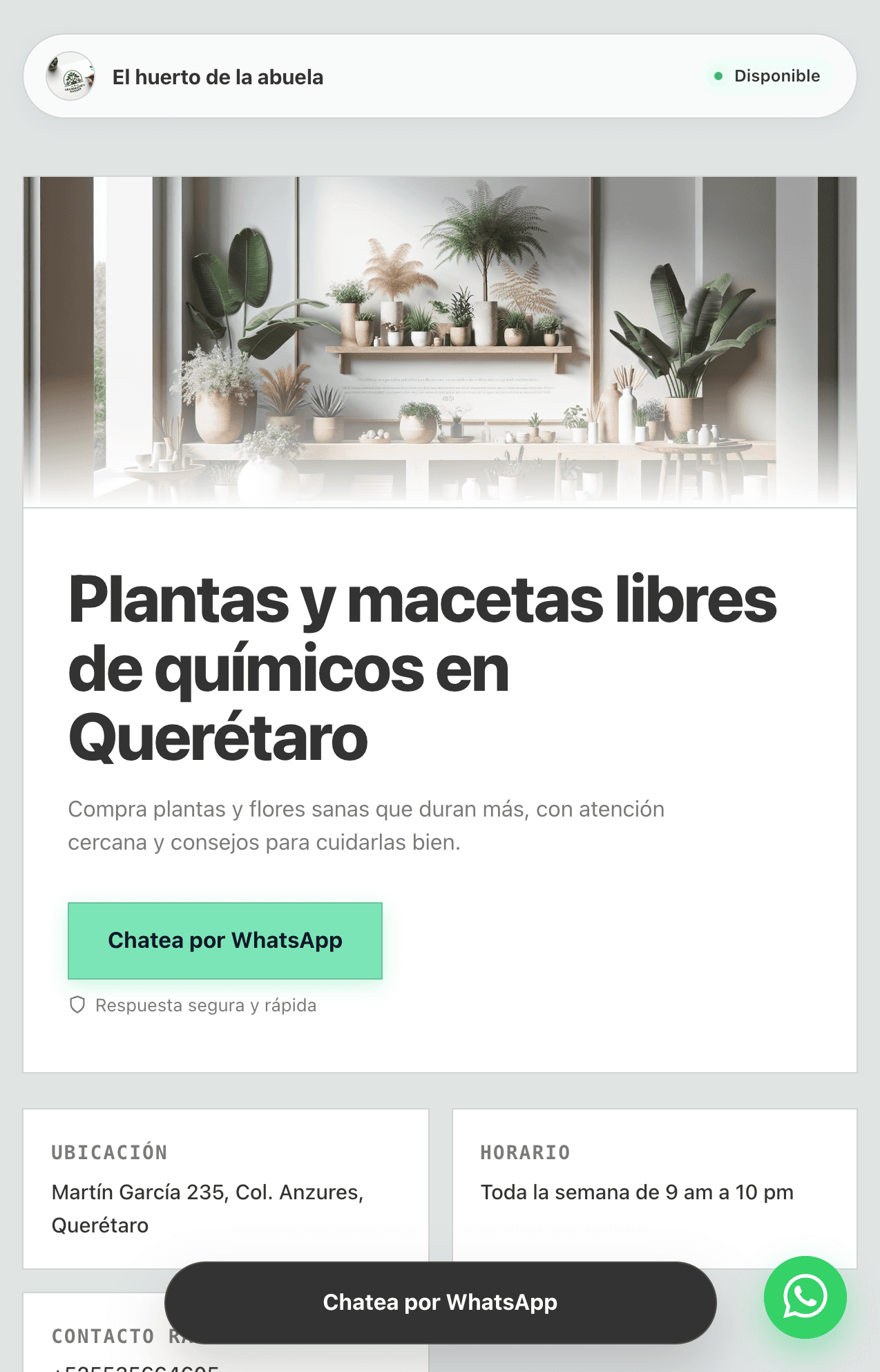 Vista previa móvil de una landing page creada con Arranca — título, subtítulo y botón directo a WhatsApp